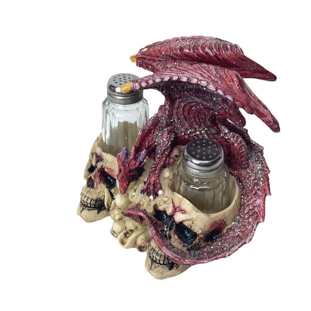 SALT & Pepper‎ Shaker Set Medieval Purple Dragon and Skulls holder